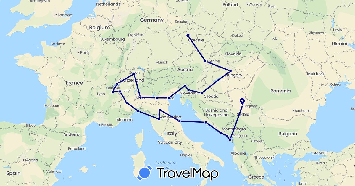 TravelMap itinerary: driving in Austria, Switzerland, Czech Republic, France, Croatia, Hungary, Italy, Montenegro, Serbia, Slovenia (Europe)