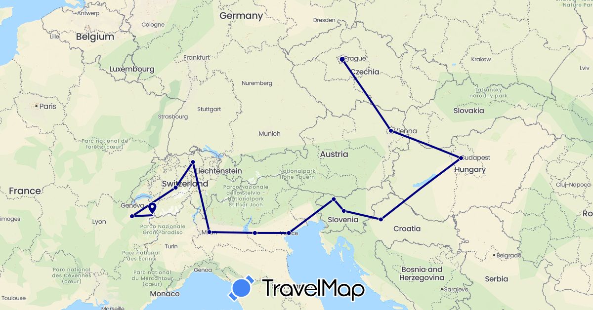 TravelMap itinerary: driving in Austria, Switzerland, Czech Republic, France, Croatia, Hungary, Italy, Slovenia (Europe)