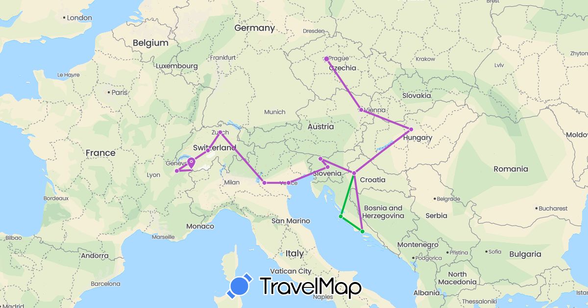 TravelMap itinerary: driving, bus, train in Austria, Switzerland, Czech Republic, France, Croatia, Hungary, Italy, Slovenia (Europe)