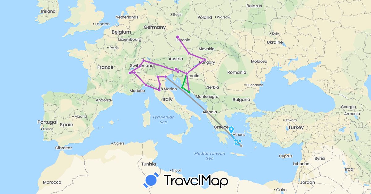 TravelMap itinerary: driving, bus, plane, train, boat in Austria, Switzerland, Czech Republic, France, Greece, Croatia, Hungary, Italy, Slovenia (Europe)