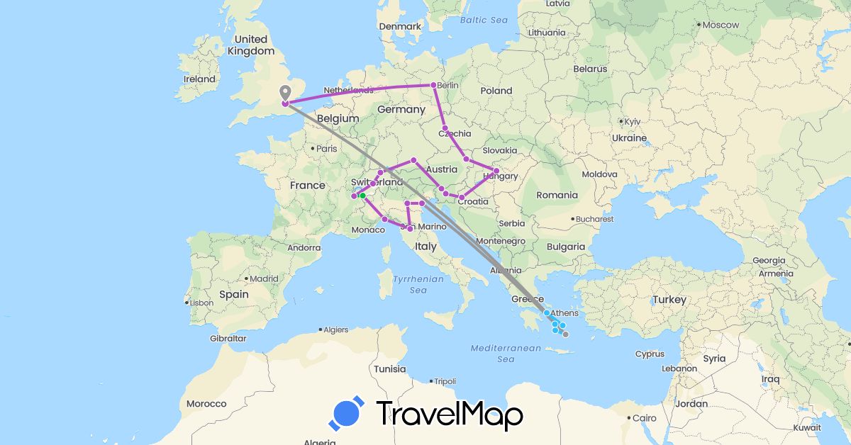 TravelMap itinerary: driving, bus, plane, train, boat in Austria, Switzerland, Czech Republic, Germany, France, United Kingdom, Greece, Croatia, Hungary, Italy, Slovenia (Europe)